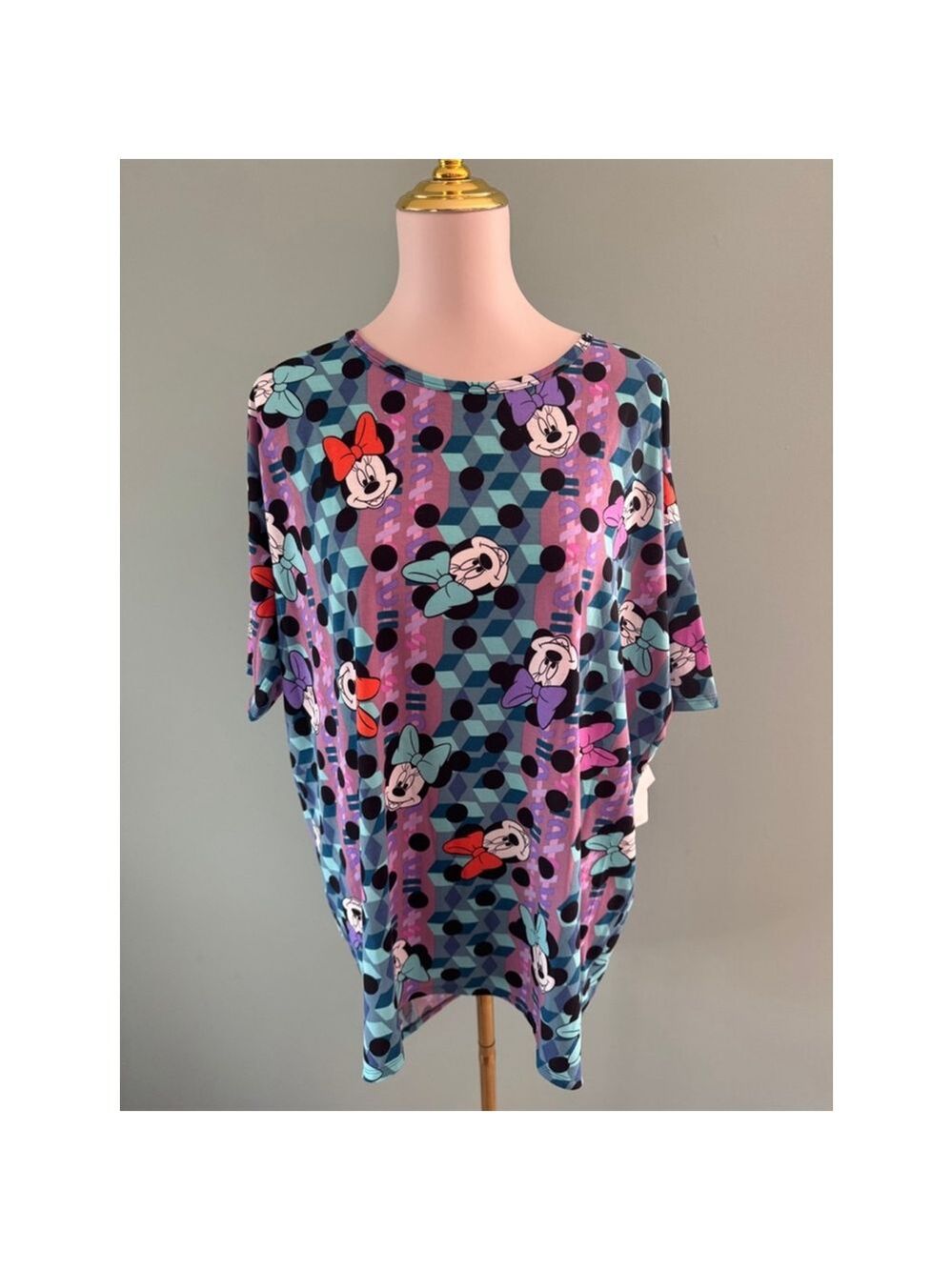 Women's LuLaRoe Irma Top Size S Blue Purple Minnie Mouse Print